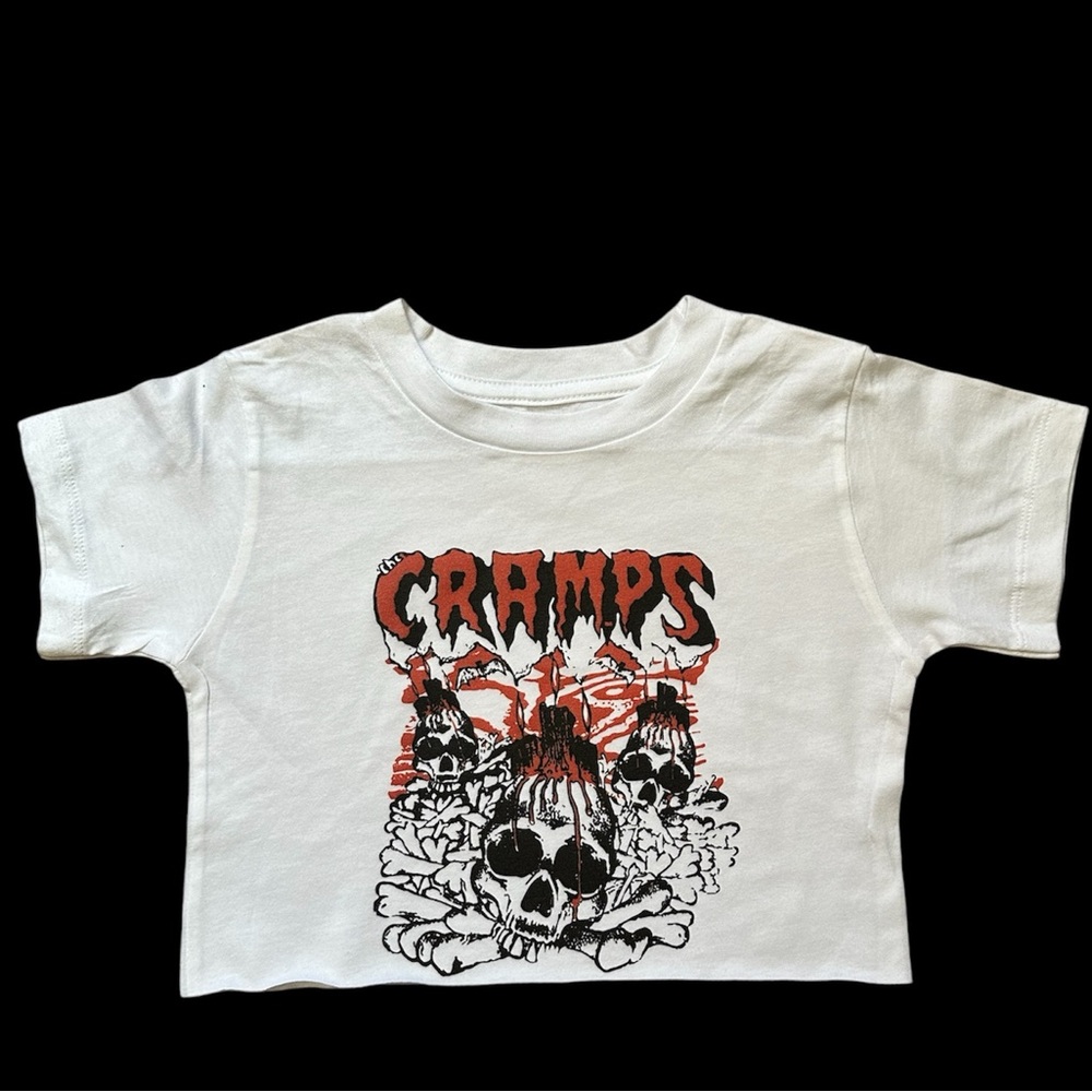 White Graphic Tee with Red and Black Design The Cramps cropped top